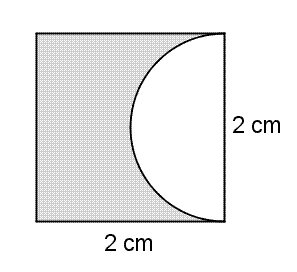 Det skraverte området består av et kvadrat med side 2 cm minus en halvsirkel med diameter 2 cm.